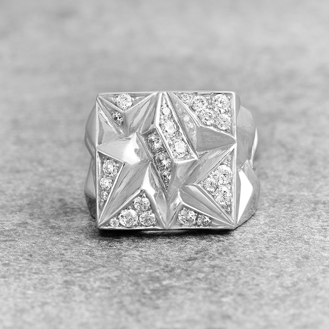 Erkek Gümüş Yüzük Beyaz Zirkon Taşlı Geometrik Modeli