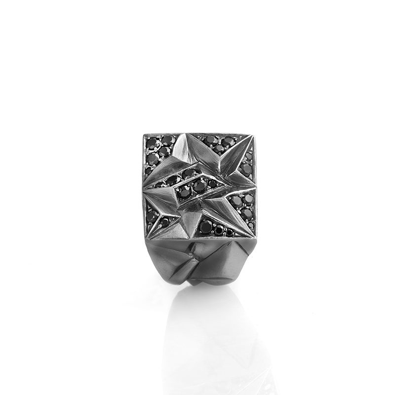 Siyah Zirkon Taşlı Erkek Gümüş Yüzük Oksitli El Tasarımı Geometrik