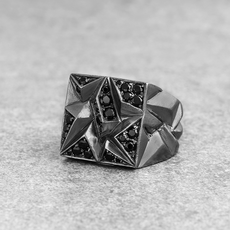 Siyah Zirkon Taşlı Erkek Gümüş Yüzük Oksitli El Tasarımı Geometrik