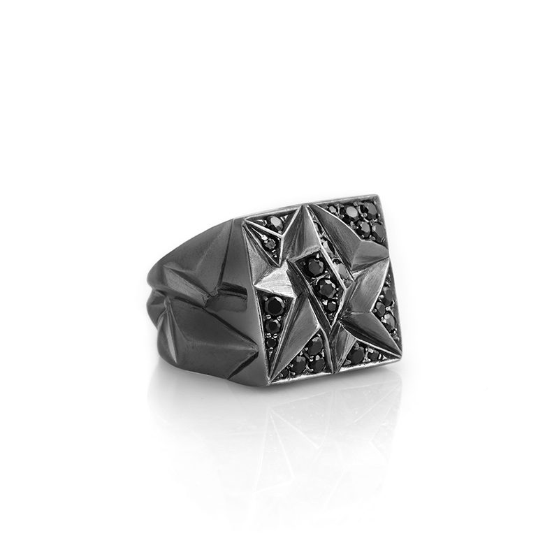 Siyah Zirkon Taşlı Erkek Gümüş Yüzük Oksitli El Tasarımı Geometrik