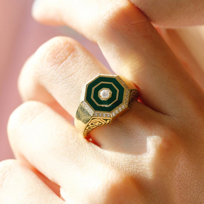 Erkek Mineli Geometrik Signet Yüzük